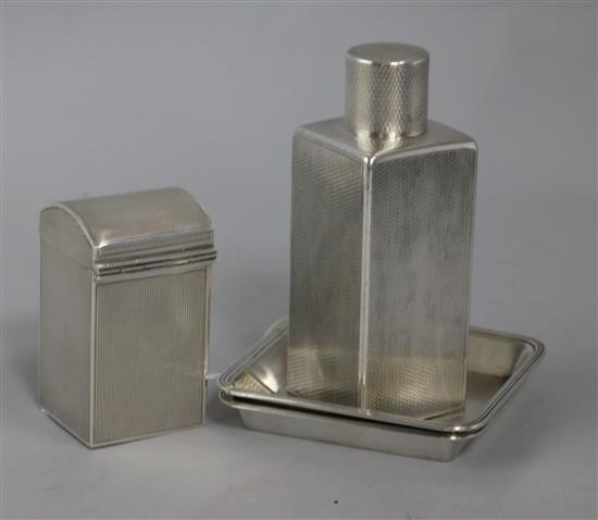 A Louis Vuitton silver screw-top flask, a similar Mappin & Webb two-division cigarette box and a pair of Asprey square trays